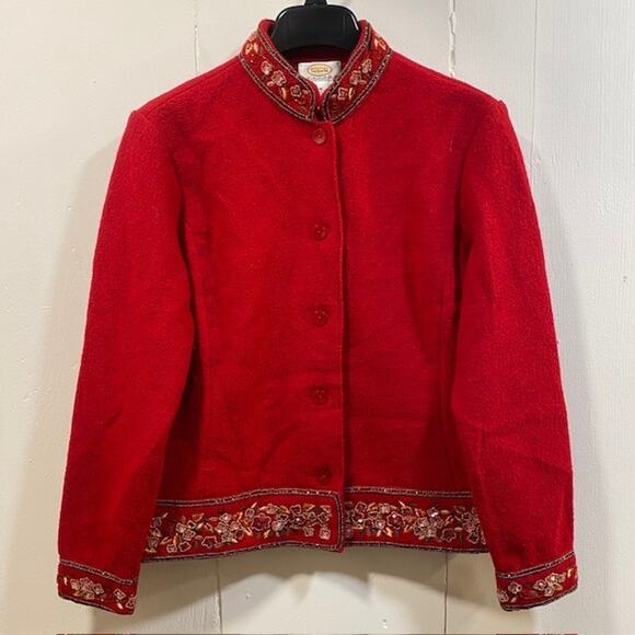TALBOTS Beaded Red Boiled Wool Seamed Blazer Jacket Women M Petite - Picture 1 of 12